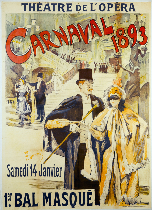 Ein nostalgisches Karnevalplakat aus dem Jahr 1893, das einen Mann mit Zylinder und eine Frau in einem langen Kleid zeigt, die nebeneinander vor einem hellgelben Hintergrund mit schwarzer Schrift stehen.