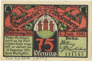 Eine alte deutsche Banknote mit einer Gebäudeillustration, «Bundesliga»-Text und einem Logo unten, vor einem weißen Hintergrund.