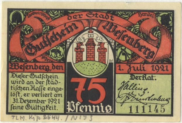 Eine alte deutsche Banknote mit einer Gebäudeillustration, «Bundesliga»-Text und einem Logo unten, vor einem weißen Hintergrund.