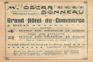Eine alte Anzeige für das Grand Hotel du Commerce in Paris, Frankreich, mit Text, der wahrscheinlich die Hotelangebote beschreibt.