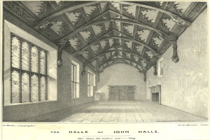 Ein historisches Architekturzeichnung von John Halls Halle, die die Decke, Wände, Fenster und eine Tür zeigt, mit Text unten.