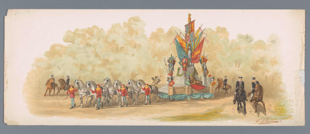 Ein Gemälde eines Karnevalsumzugs mit Menschen in bunten Kostümen, die vor einem geschmückten Motivwagen auf Pferden reiten, vor einem Hintergrund mit Bäumen und einem klaren blauen Himmel.