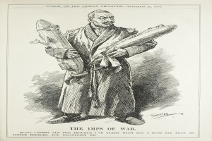 Ein altes Buch mit einer Zeichnung eines Mannes, der eine Rakete hält, mit dem Text "Die Kriegsgeister" sichtbar.