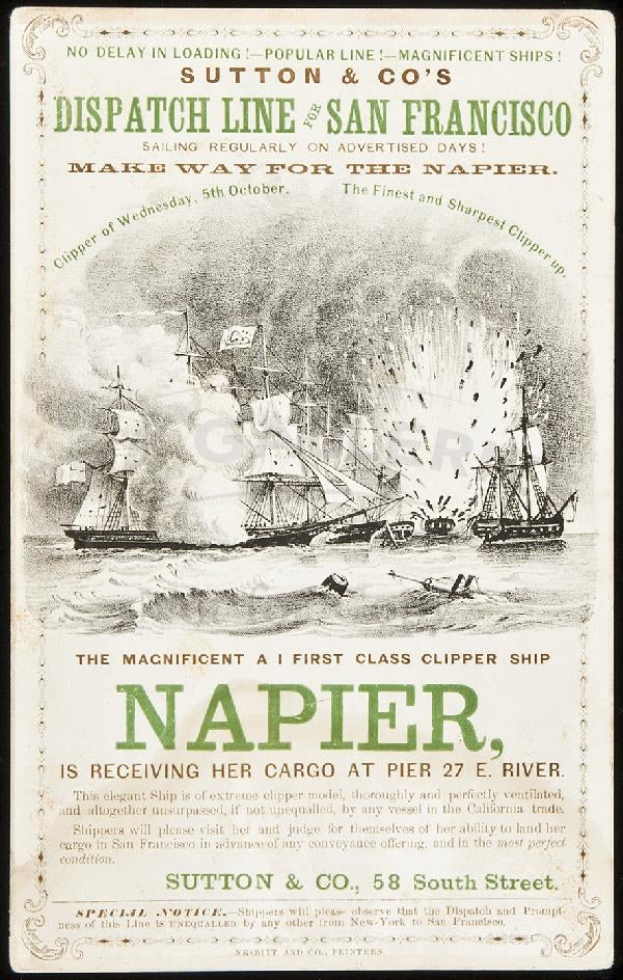 Anzeige für das Napier-Klipper-Schiff mit mehreren Schiffen auf dem Wasser und Text, vor dunklem Hintergrund